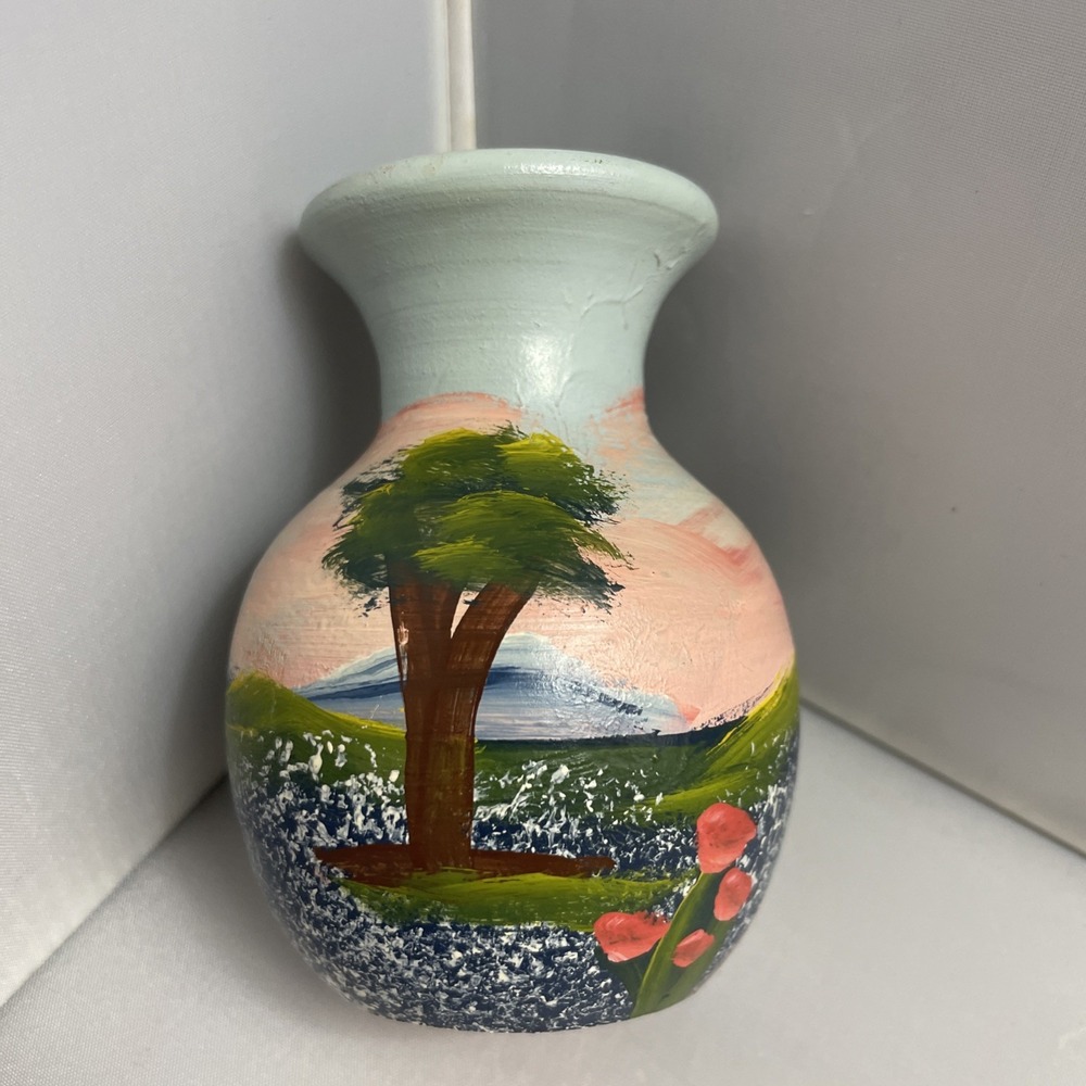 Art Pottery Vase Hand Painted Bluebonnet Made In Texas Small 3.75" Bud Vase
